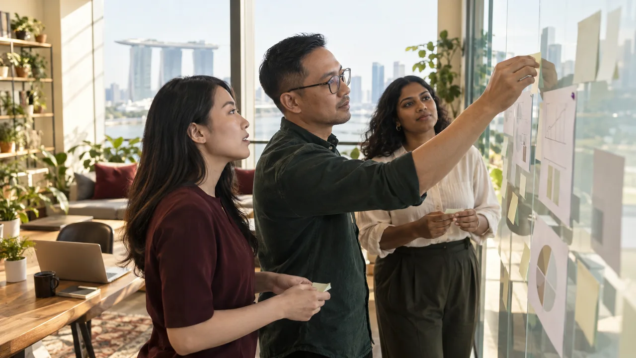 Three colleagues arranging planning notes on a glass board