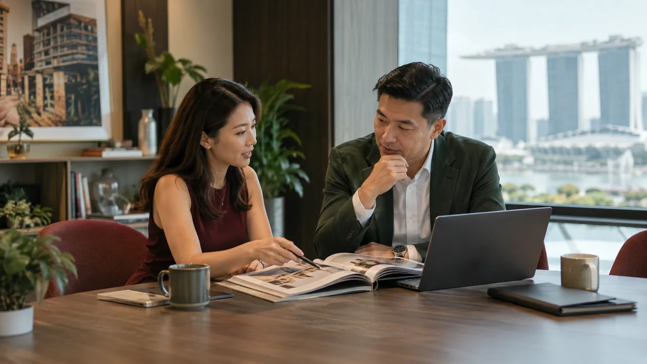 Business owner and adviser reviewing documents and a laptop at an office table
