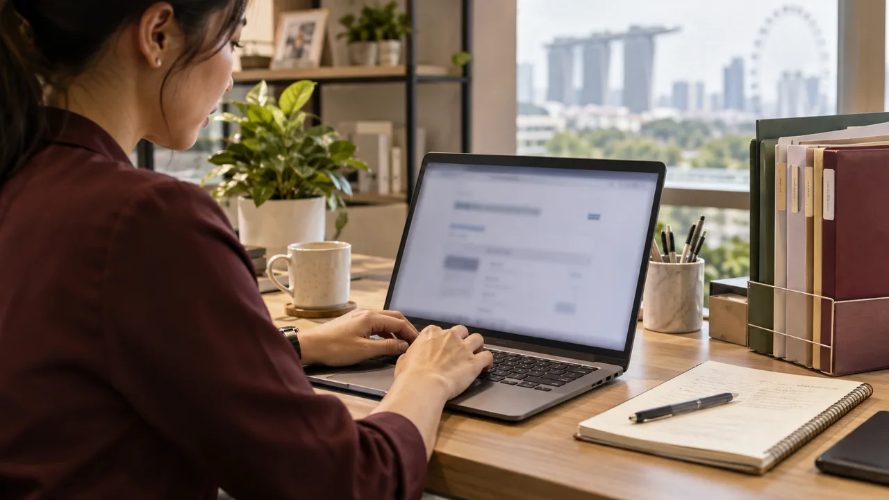 Business owner preparing documents on a laptop beside organised folders