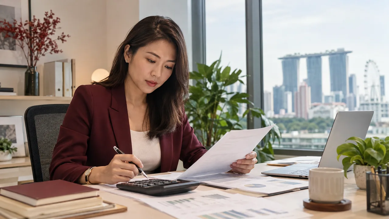 Business owner checking company paperwork at a desk beside a Singapore city view
