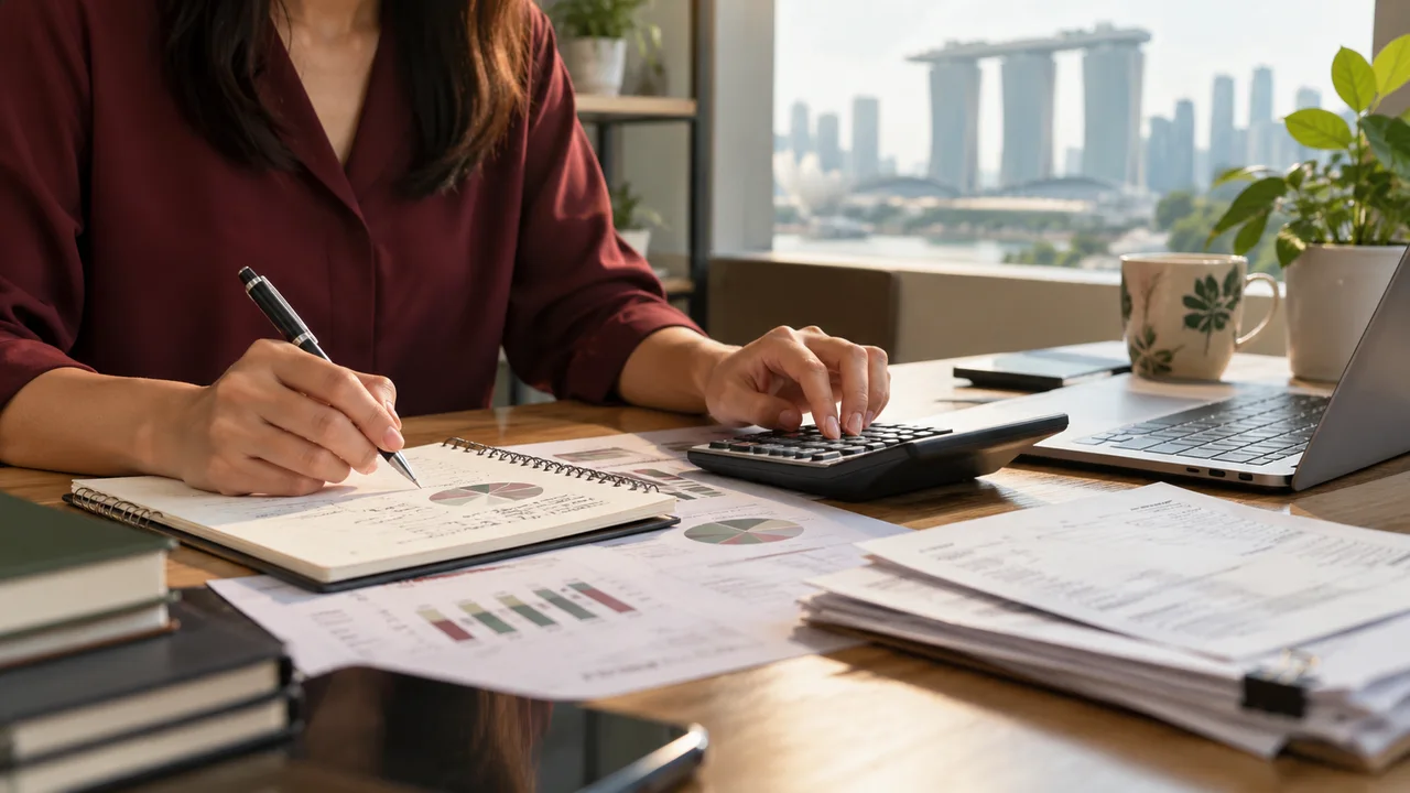 Hands checking project budgets with a calculator, notebook and financial documents
