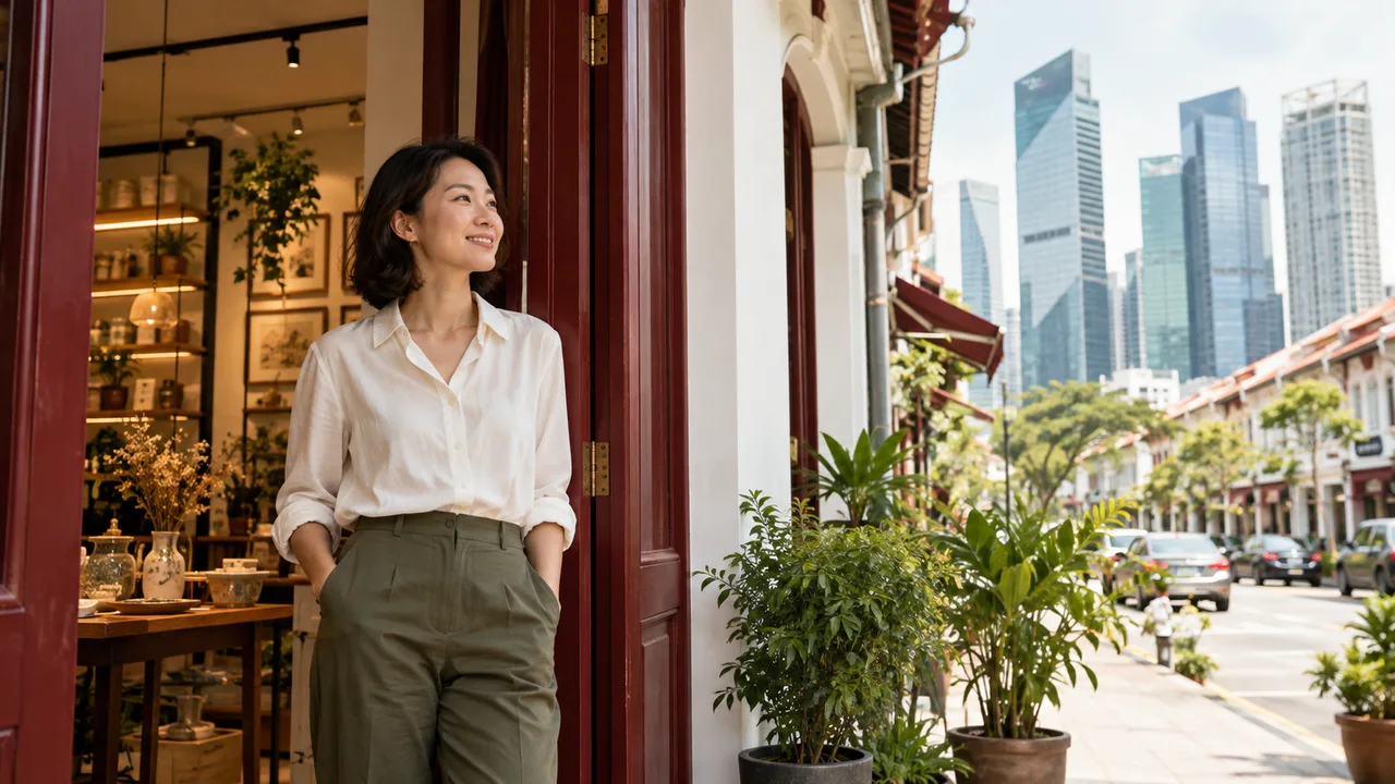 Business owner in a Singapore shophouse doorway overlooking the city skyline