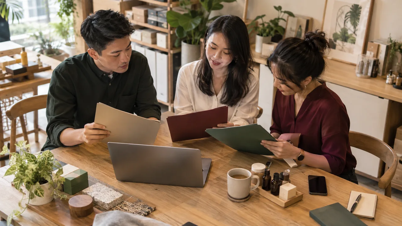 Three colleagues reviewing folders and a laptop around an office table