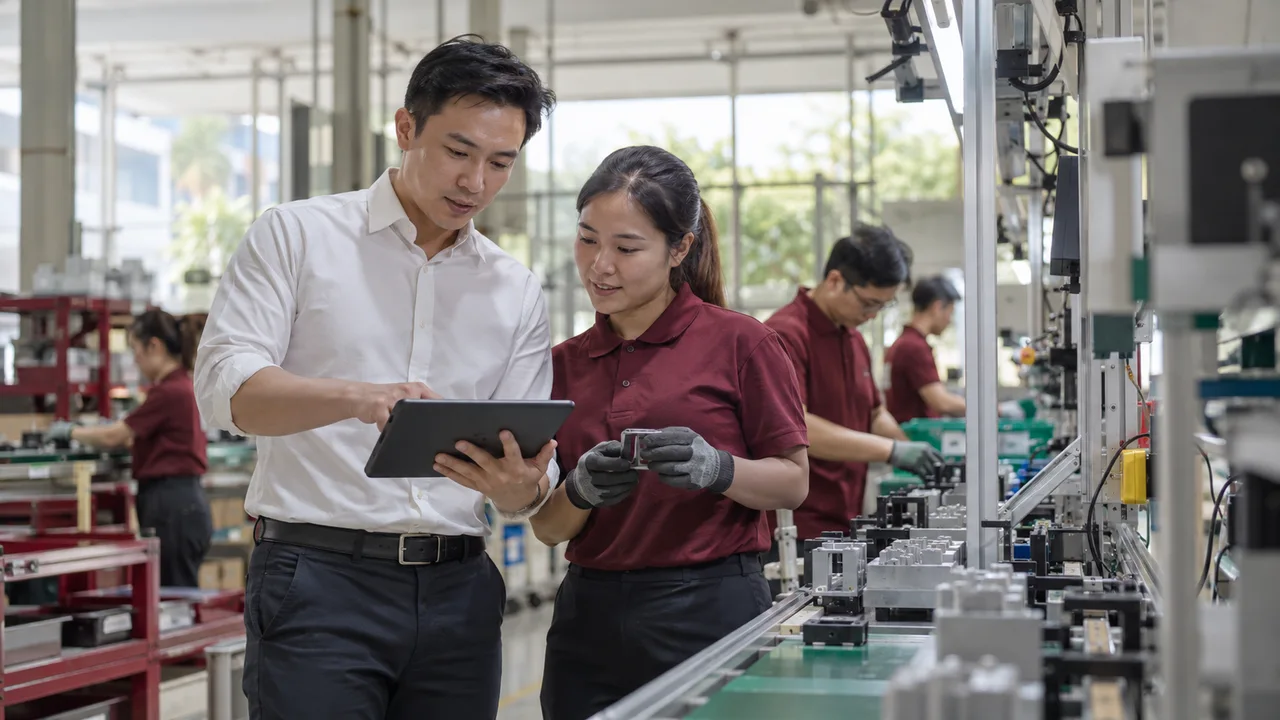 Two colleagues reviewing a tablet beside machinery on a factory floor