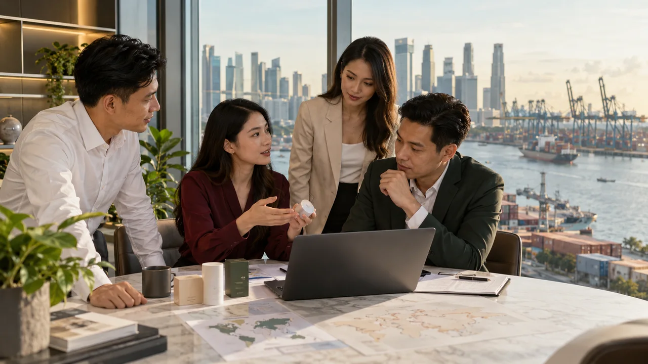 Four colleagues discussing plans around a laptop in an office overlooking Singapore