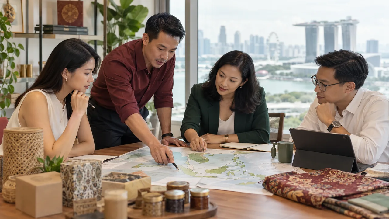 Business team studying a map and product samples around a meeting table