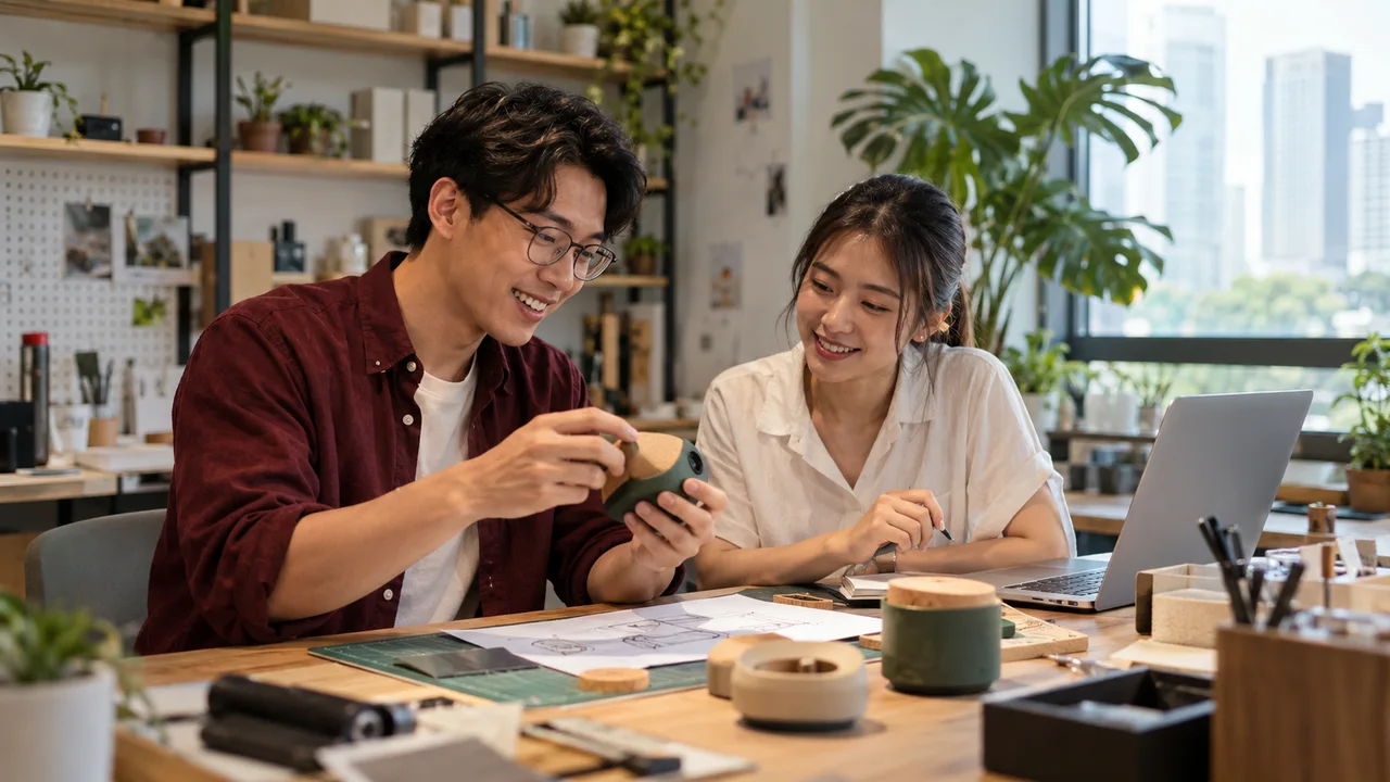 Startup founders examining a small product prototype at a shared worktable