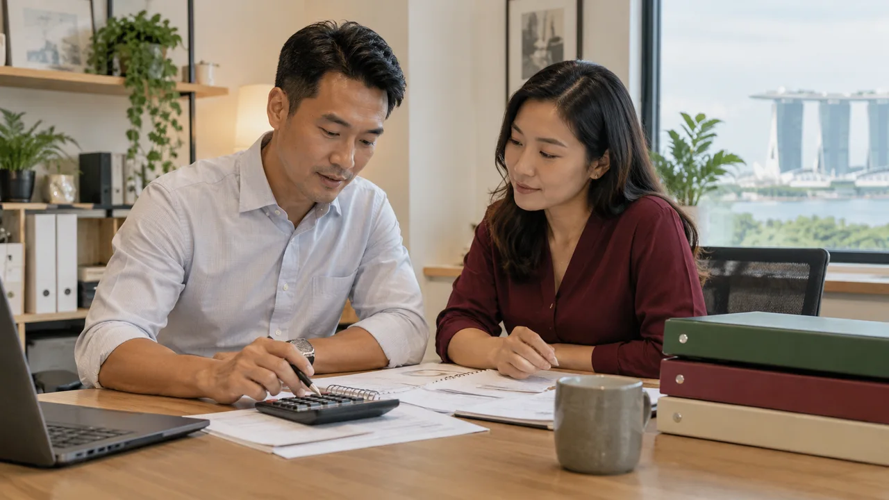 Two colleagues comparing financial documents with a calculator at an office desk