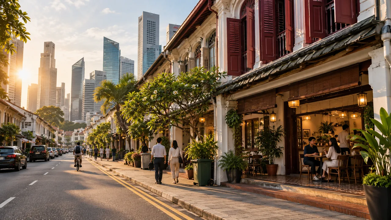 Historic Singapore shophouses along a street leading toward modern office towers