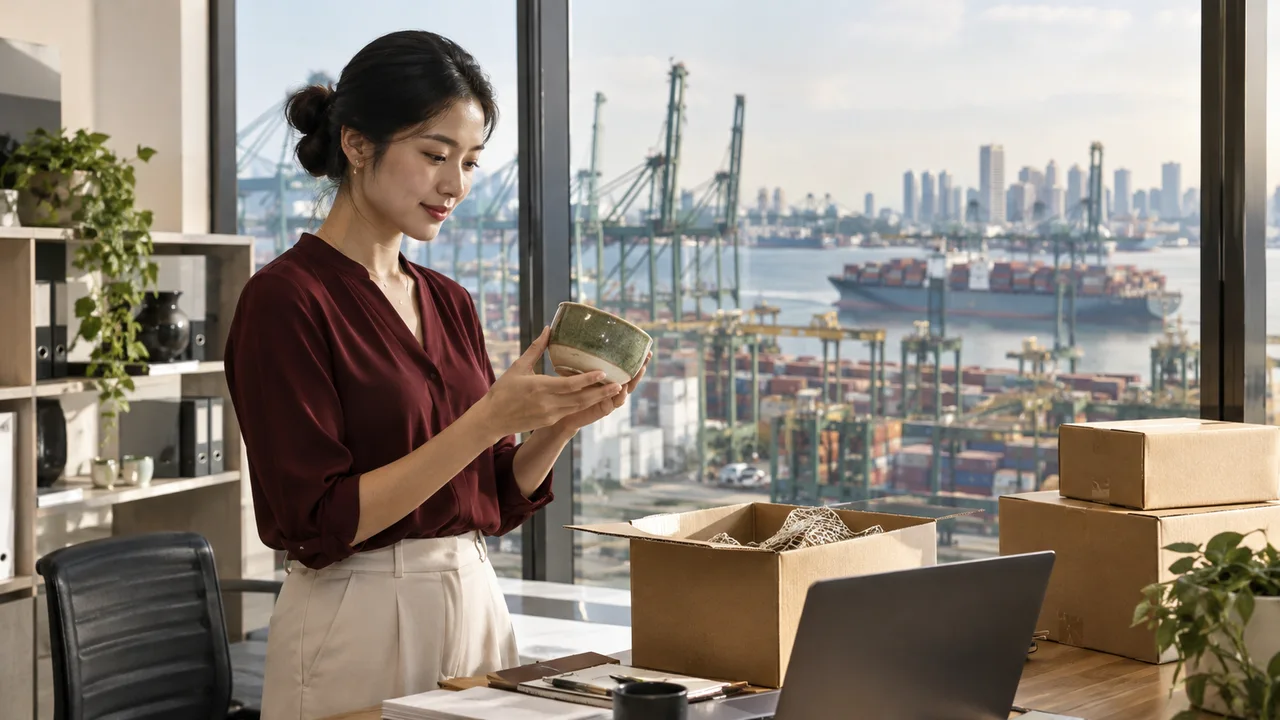 Business owner inspecting a packaged product beside shipping boxes with a port in the distance