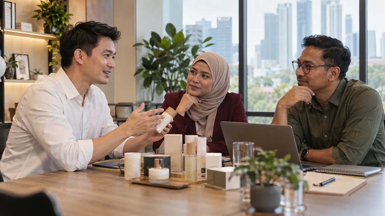 Three business professionals discussing packaged product samples around a meeting table