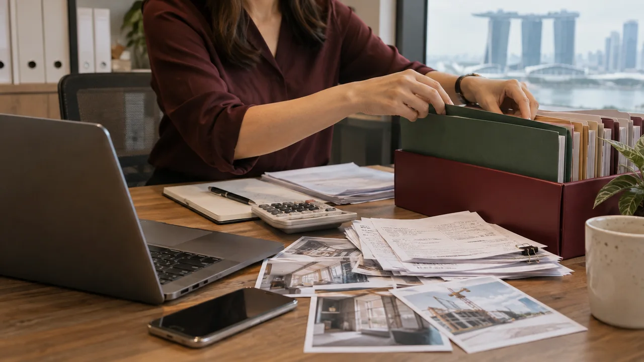 Business owner filing receipts and project records beside an open laptop