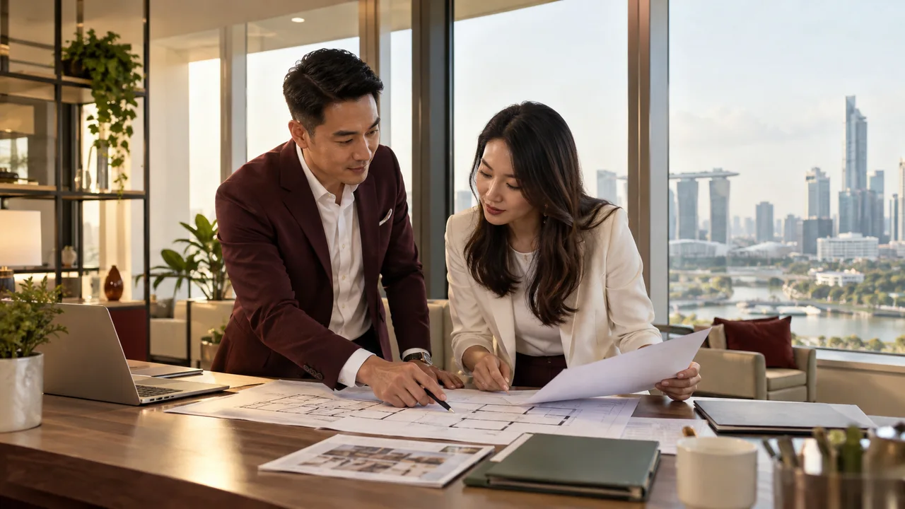 Two business professionals reviewing a folder of documents in an office