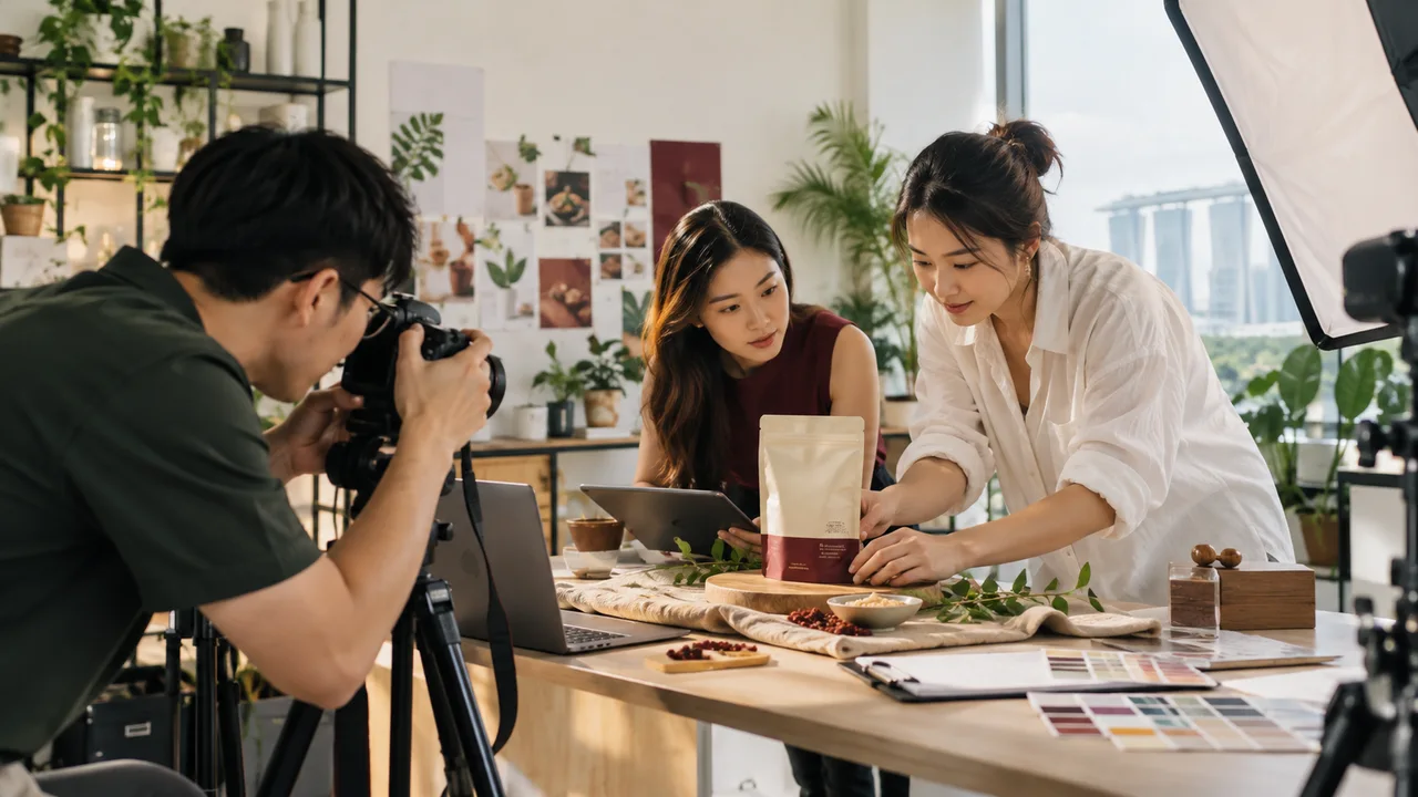 Creative team photographing products and preparing marketing material in a studio