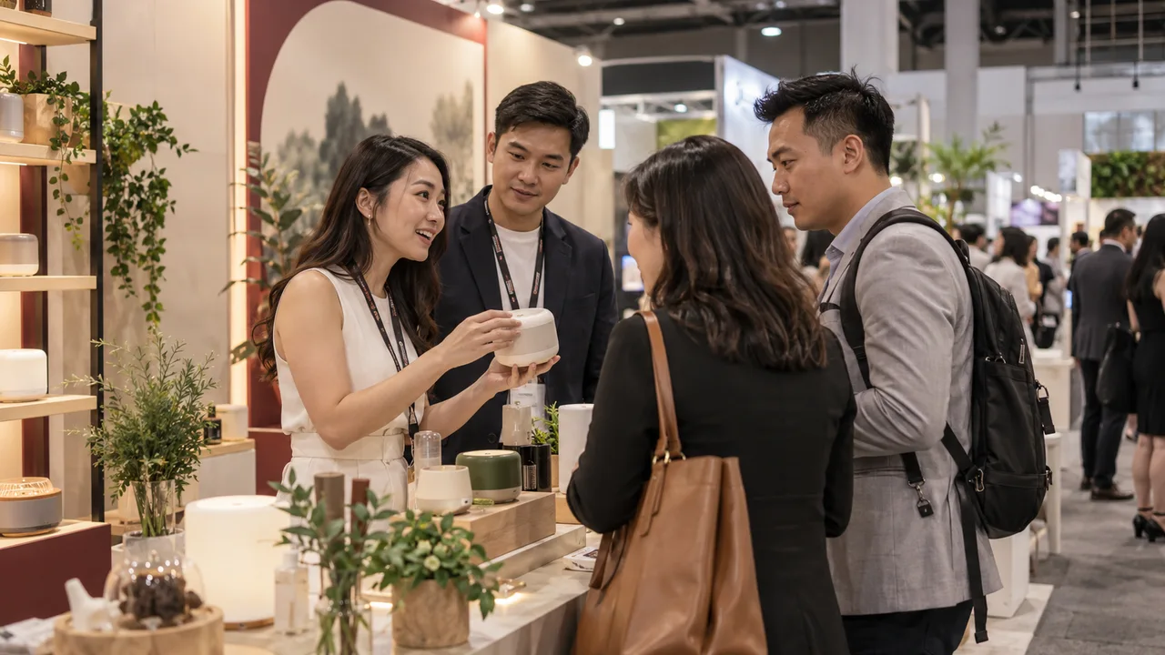 Exhibitors discussing product samples with visitors at a trade exhibition booth