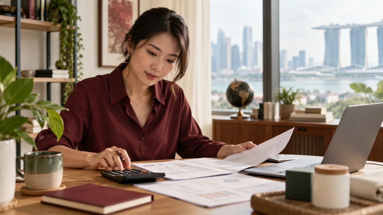 Business owner reviewing financial documents with a calculator and laptop