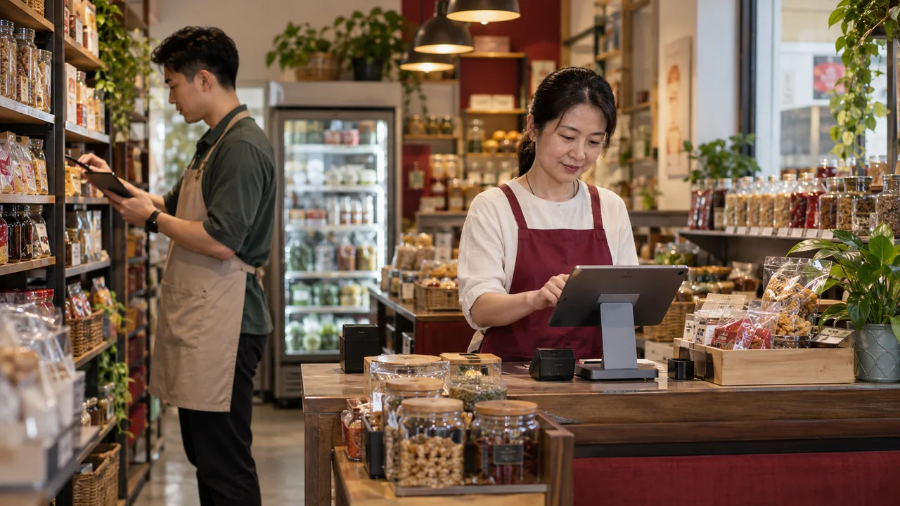 Shop staff using a tablet and handheld device beside stocked shelves