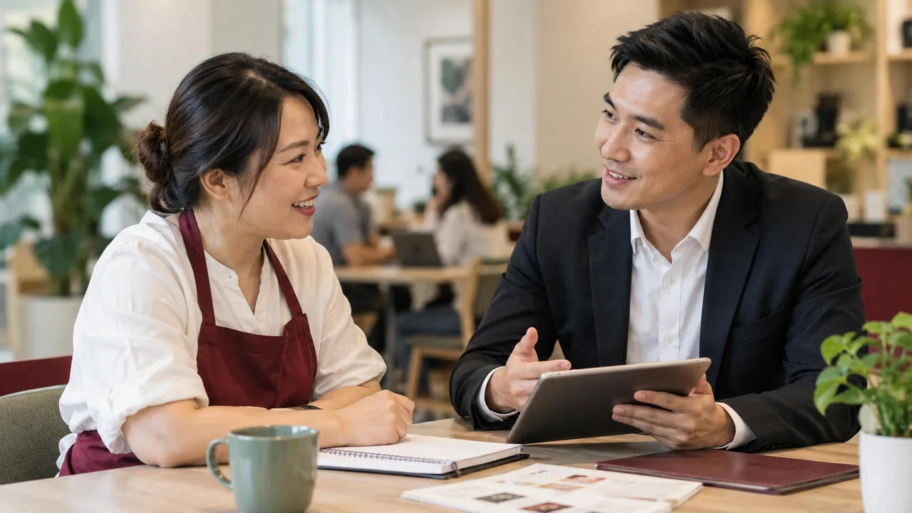 Small business owner and adviser discussing information on a tablet in a cafe