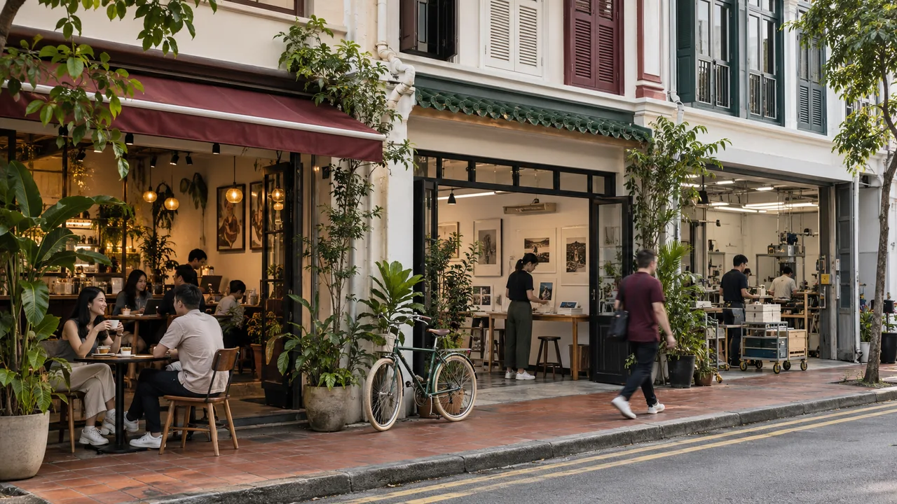 Neighbourhood shops and a cafe in restored Singapore shophouses